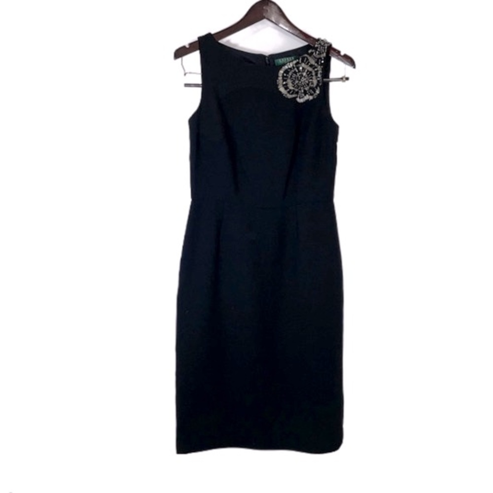 NWT Ralph Lauren Black Shift LBD Dress with Beaded Flower Embellishment